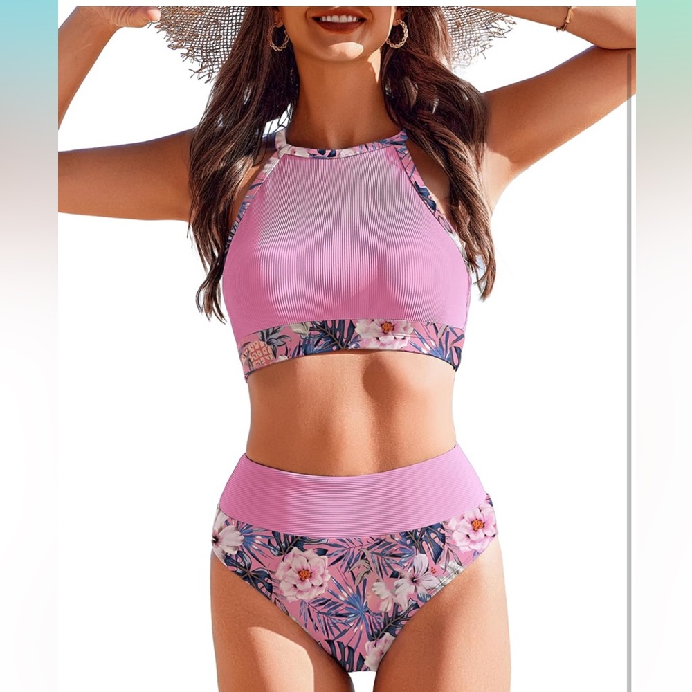 AI'MAGE High Neck Ribbed Two Pieces Bikini Swimsuit Pink Print Women’s Medium - Picture 1 of 10